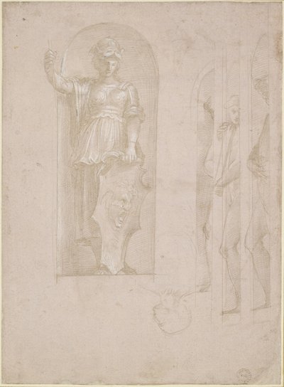 Studies voor een figuur van Minerva en andere beelden (Studie voor de School van Athene), WA1846.192 door Raffaello Sanzio Raphael